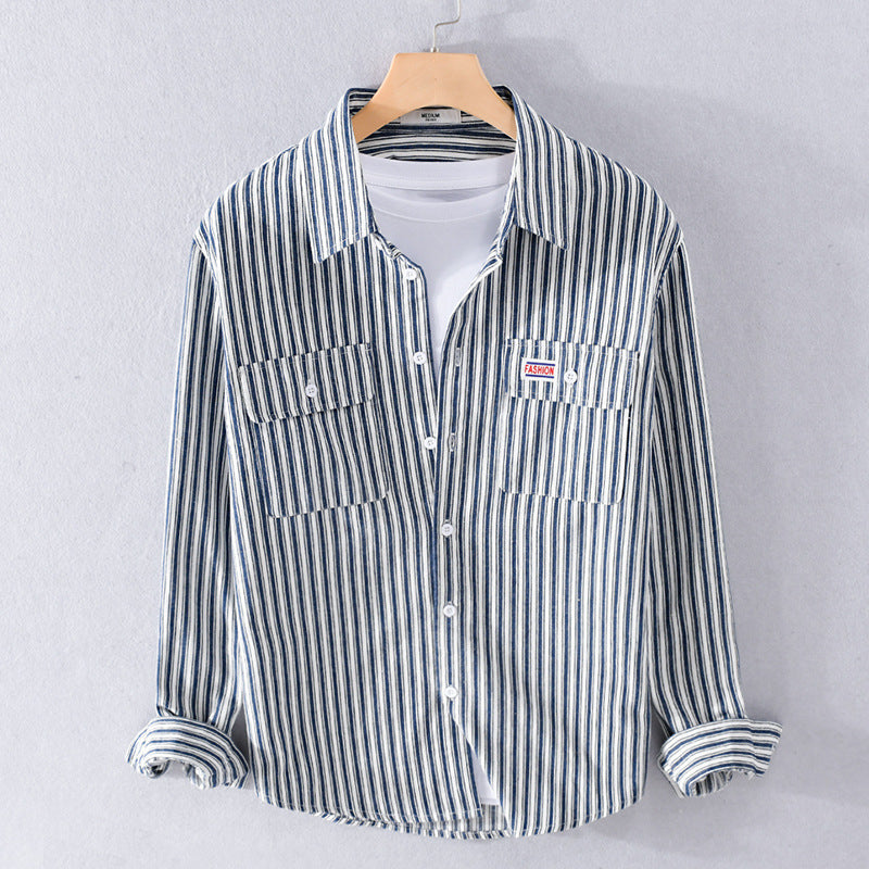 Men's Maritime Striped Overshirt made of Cotton Twill with Chest Pockets and Relaxed Fit Chichicherry