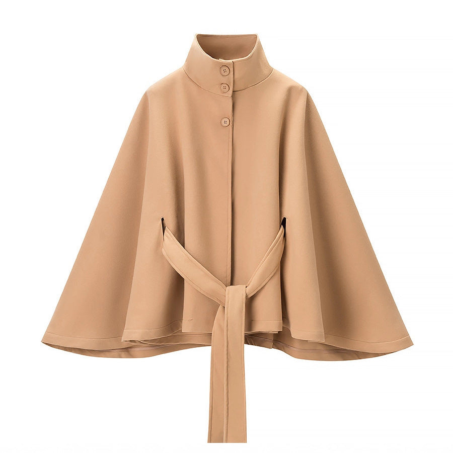 Women's Short Cape Coat with Stand-Up Collar, Concealed Button Placket and Tie Belt Chichicherry