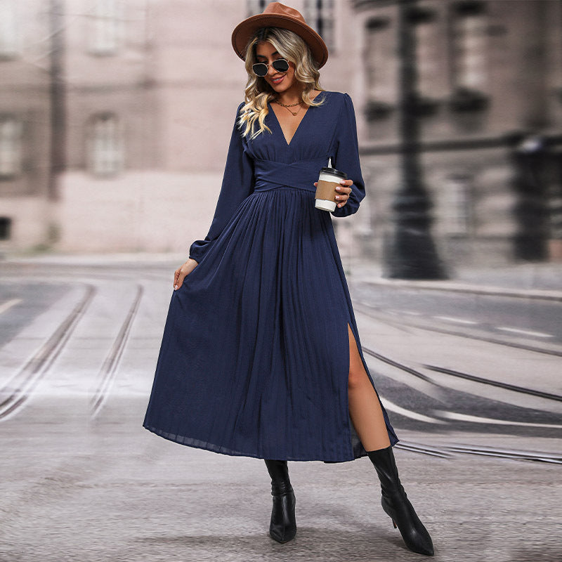 Women Long Viscose Maxi Dress with Wrap Waist, Deep V-Neck and High Slit