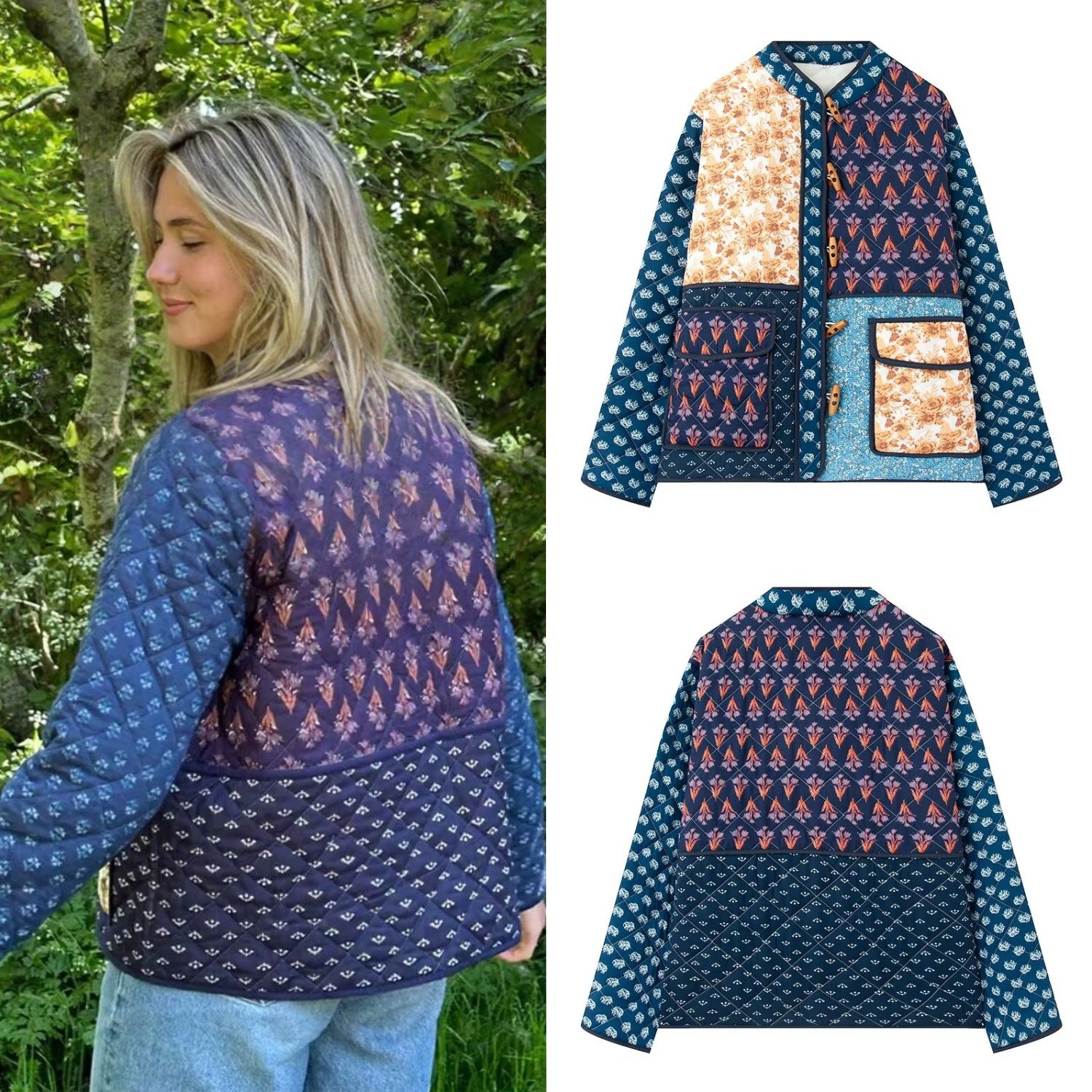 Women Padded Patchwork Quilted Jacket with Toggle Closures and Patch Pockets Chichicherry