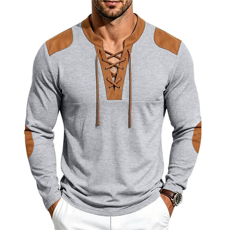 Men's Waffle Knit Long Sleeve Shirt with Laced Collar and Faux Leather Patches Chichicherry