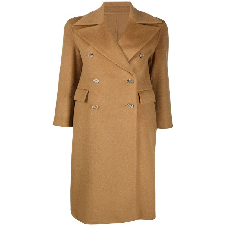 Women's Floor-Length Double-Breasted Wool Blend Long Coat with Subtle Walking Slit and Wide Shawl Collar Chichicherry