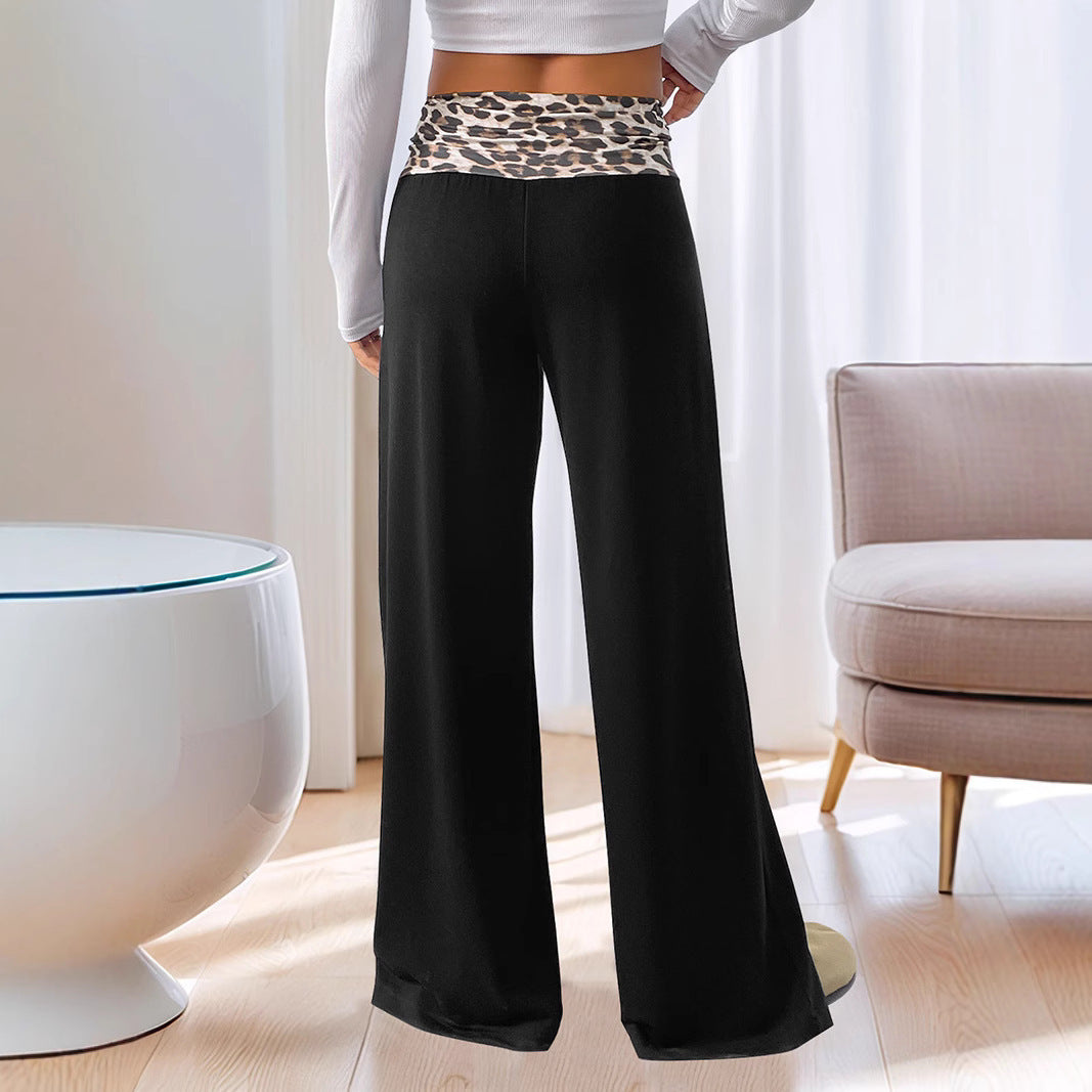 Women’s Loose Lounge Pants with Turned-Down Leopard Waistband and High Waist Chichicherry