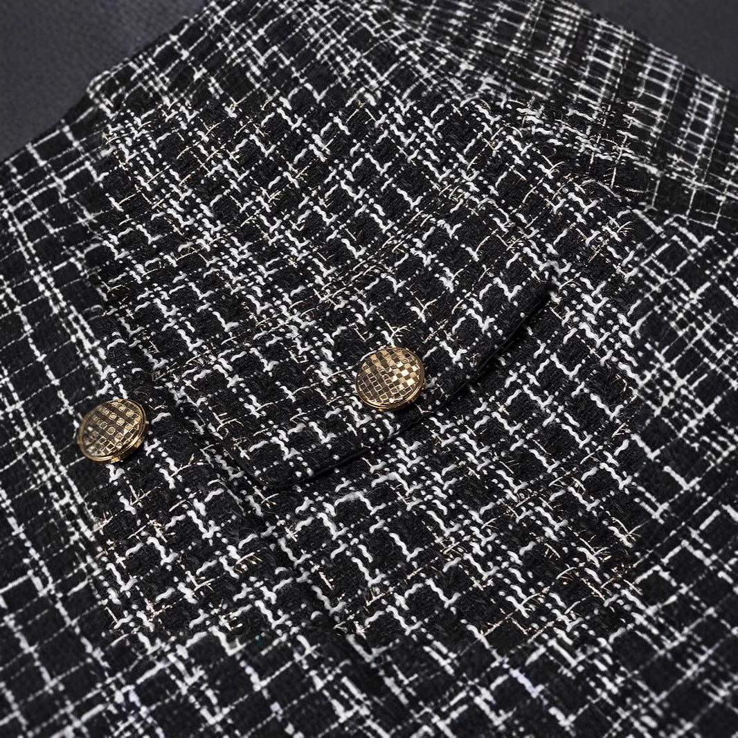 Women Boucle Tweed Jacket with Decorative Buttons and Boxy Cropped Silhouette Chichicherry