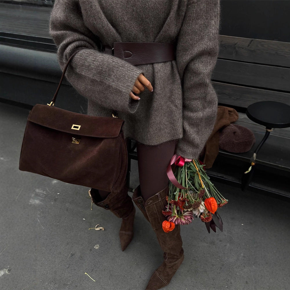 Women Oversize Mohair-Mix Roll-neck Sweater Dress with Balloon Sleeves and Waist Belt Chichicherry