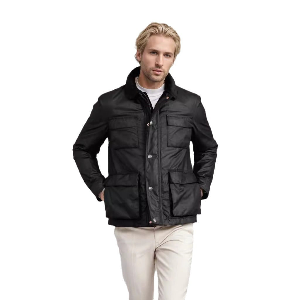 Herren Wachsjacke im Field-Stil mit Cordkragen und Mehrfachtaschen Chichicherry