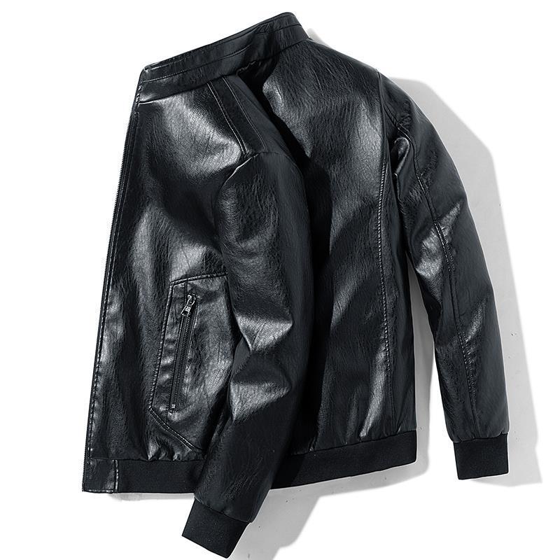 Men's Faux Leather Bomber Jacket with Ribbed Cuffs and Concealed Zipper Pockets Chichicherry