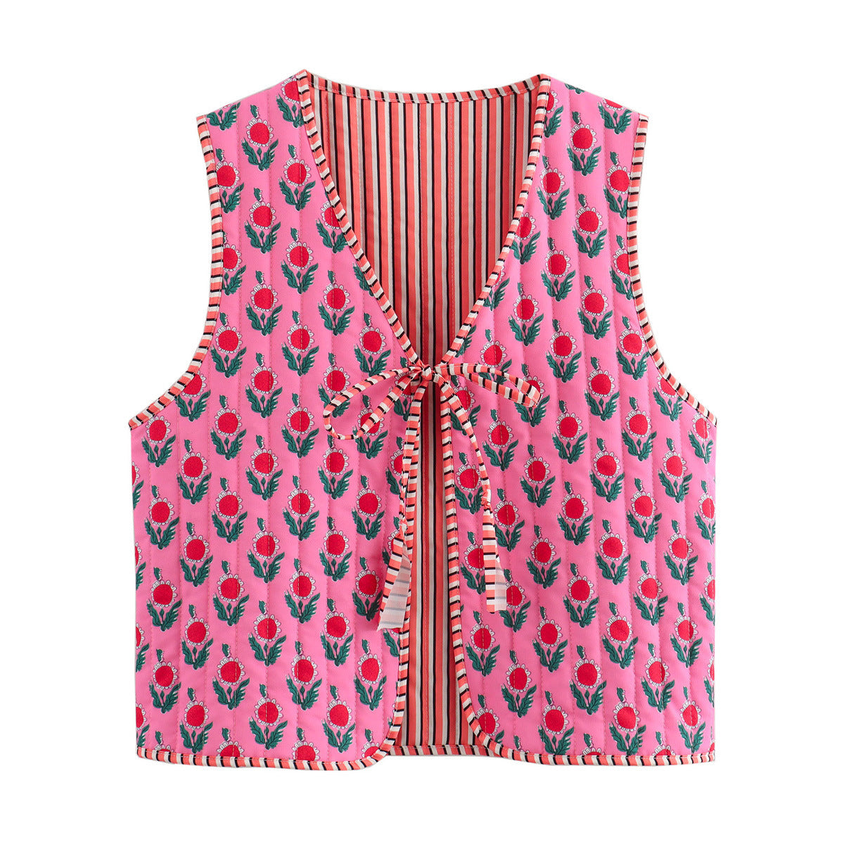 Women Patchwork Vest with Tie Band and V-Neck Chichicherry