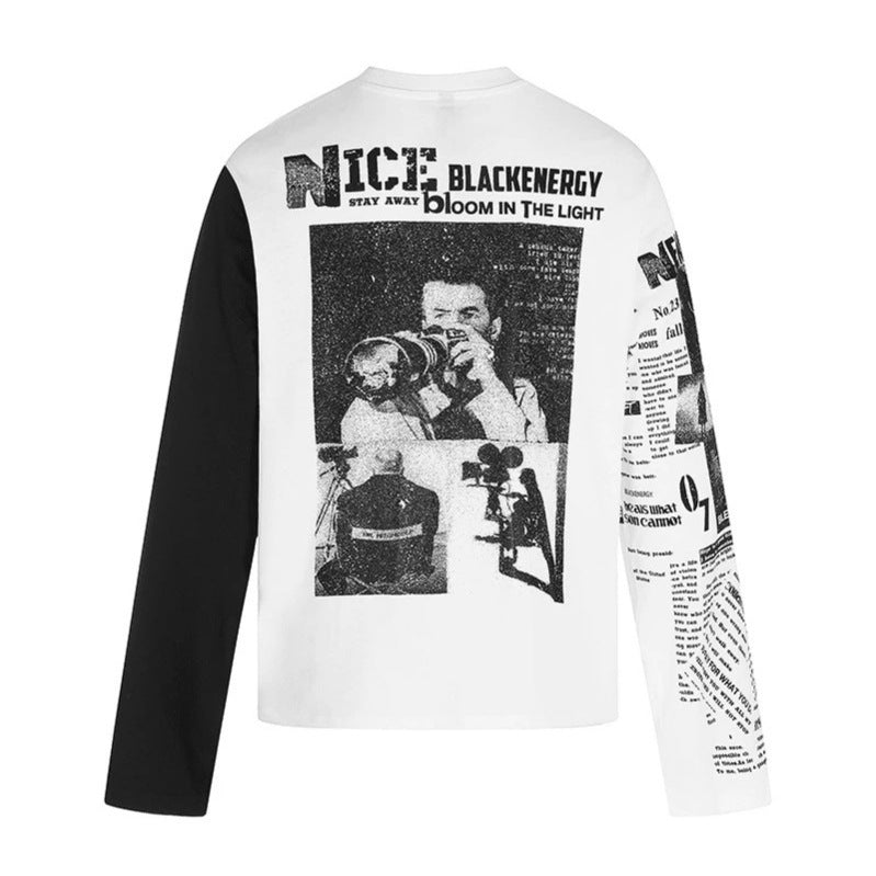 Men's Long Sleeve Shirt with Asymmetrical Contrast Sleeves and Photo Collage Print Chichicherry
