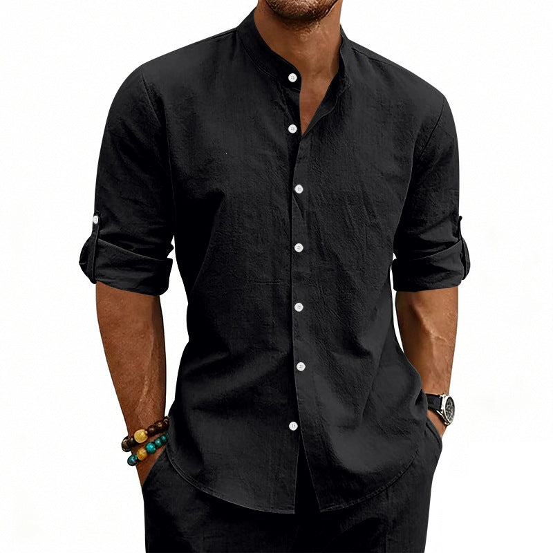 Men's Modern Linen Blend Shirt with Stand Collar, Roll-up Sleeves and Narrow Placket Chichicherry