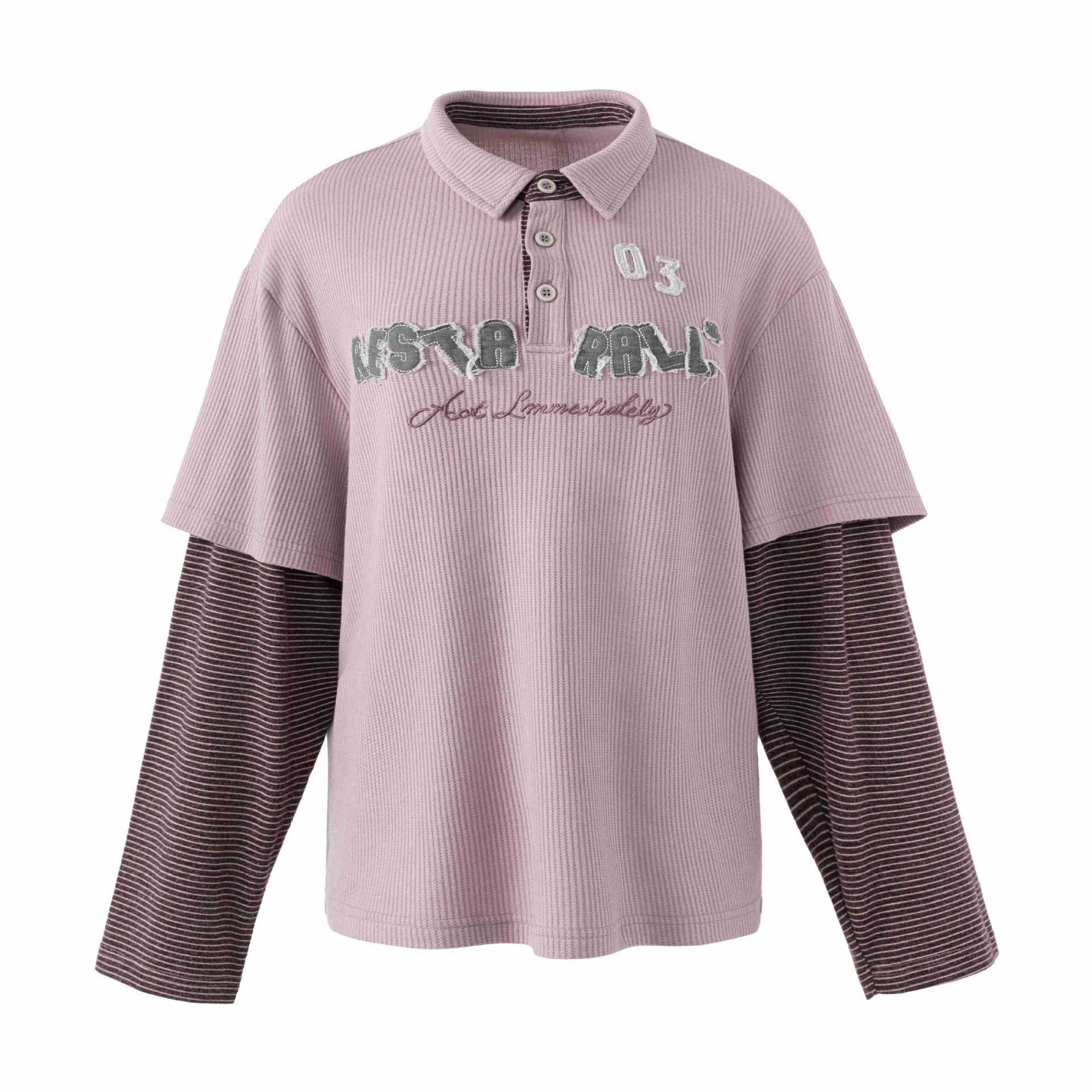 Women's Casual Layered Polo Shirt with Ribbed Texture and Striped Insert Sleeves Chichicherry