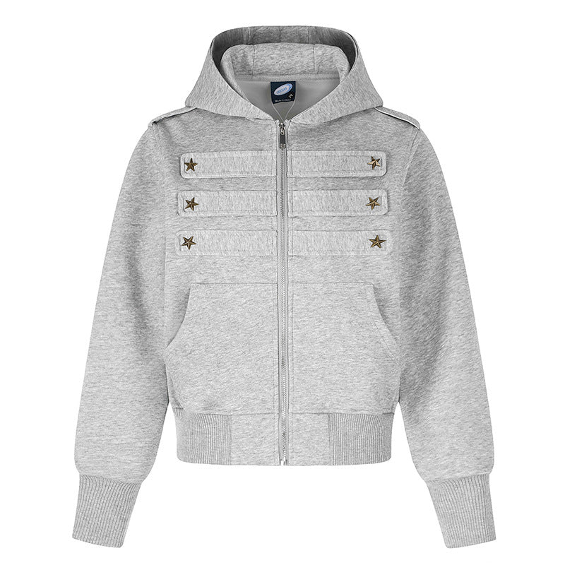 Women's cropped hooded sweatshirt jacket in military camo with decorative star strap details Chichicherry