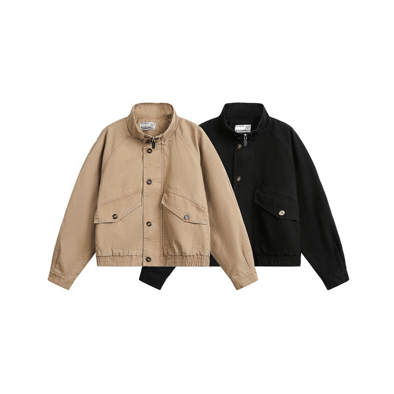 Unisex Short Cut Boxy Canvas Blouson Jacket with Funnel Collar, Patch Flap Pockets and Elastic Hem Chichicherry