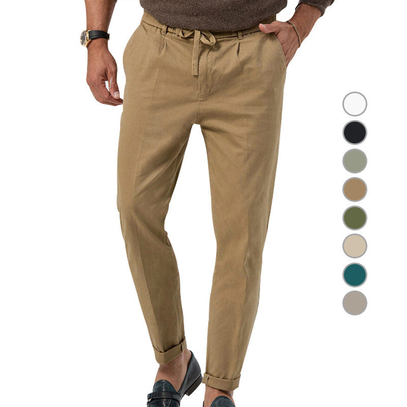 Men's Tapered Linen-Cotton Pants with Elastic Waistband, Drawstring and Cuffs Chichicherry