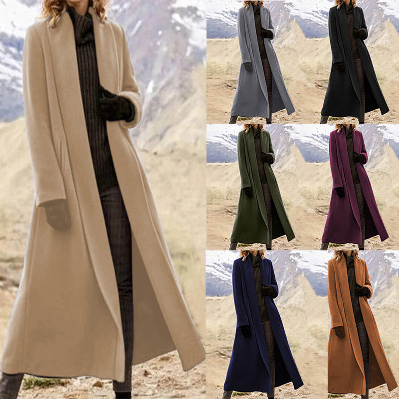 Women elegant long wool blend coat with open fall and side pockets Chichicherry