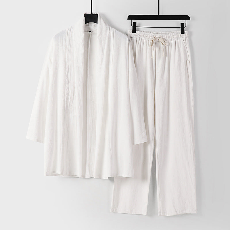 Unisex Casual Kimono Two-Piece Set made of breathable linen-viscose with open shawl collar and drawstring pants Chichicherry