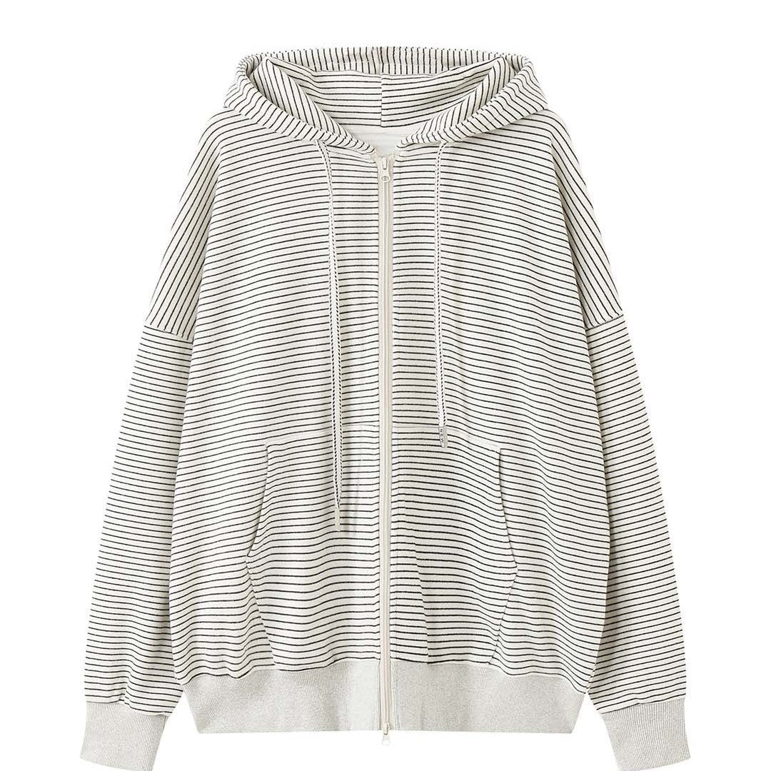 Women's Oversize Hooded Jacket with Zipper and Fine Striped Pattern Chichicherry
