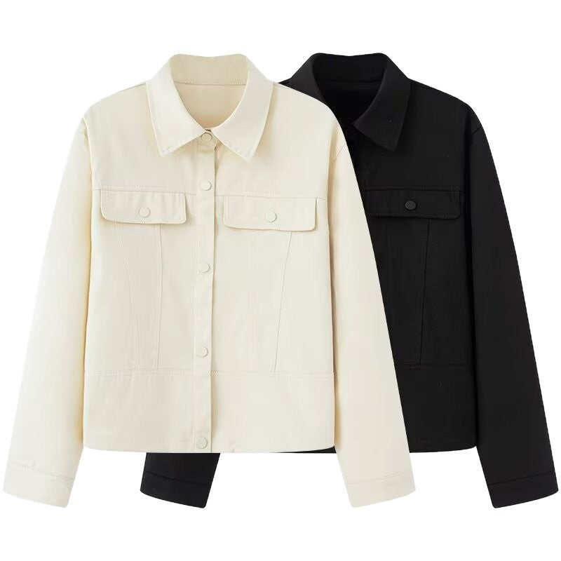 Women Short Cut Boxy Overshirt Jacket in Vegan Leather Look with Flap Pockets and Snap Button Closure Chichicherry