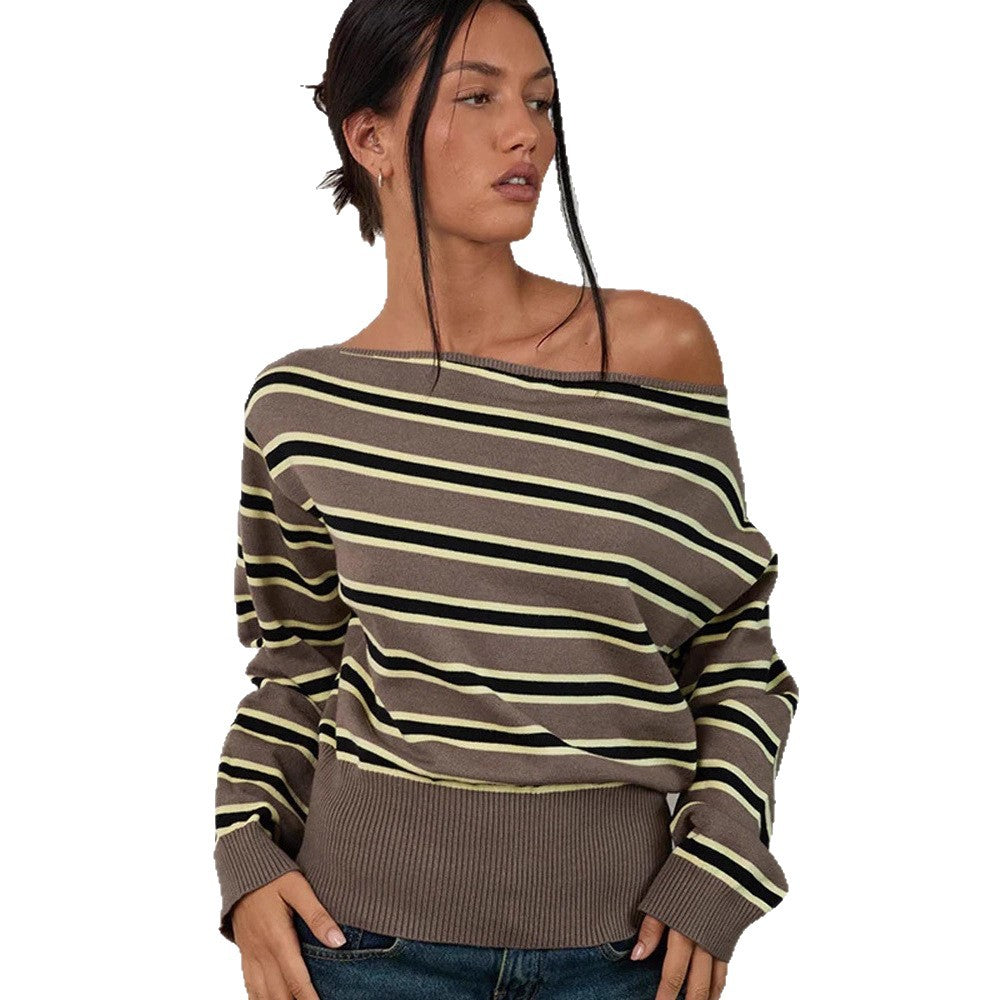 Women's fine knit boatneck pullover with asymmetrical shoulder drop, wide ribbed hem, and casual balloon sleeves Chichicherry