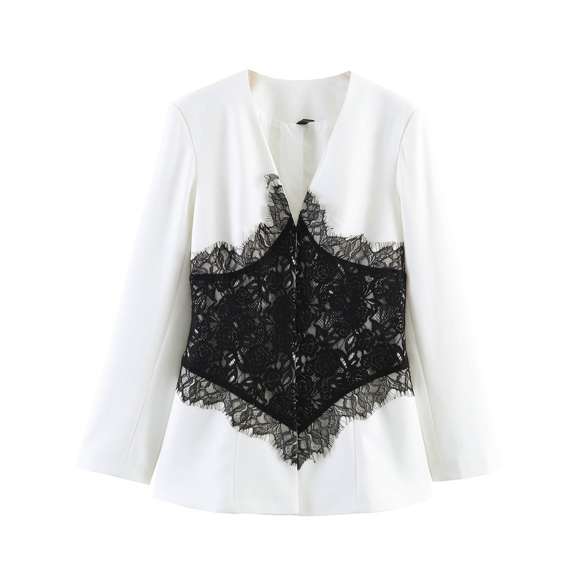 Women Tailored Blazer with V-Neck and Contrasting Lace Chichicherry
