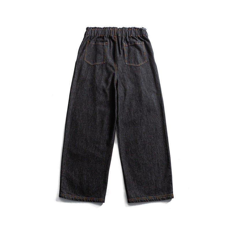 Unisex Wide Denim Pants with Elastic Waistband, Drawstring and Pleated Chichicherry