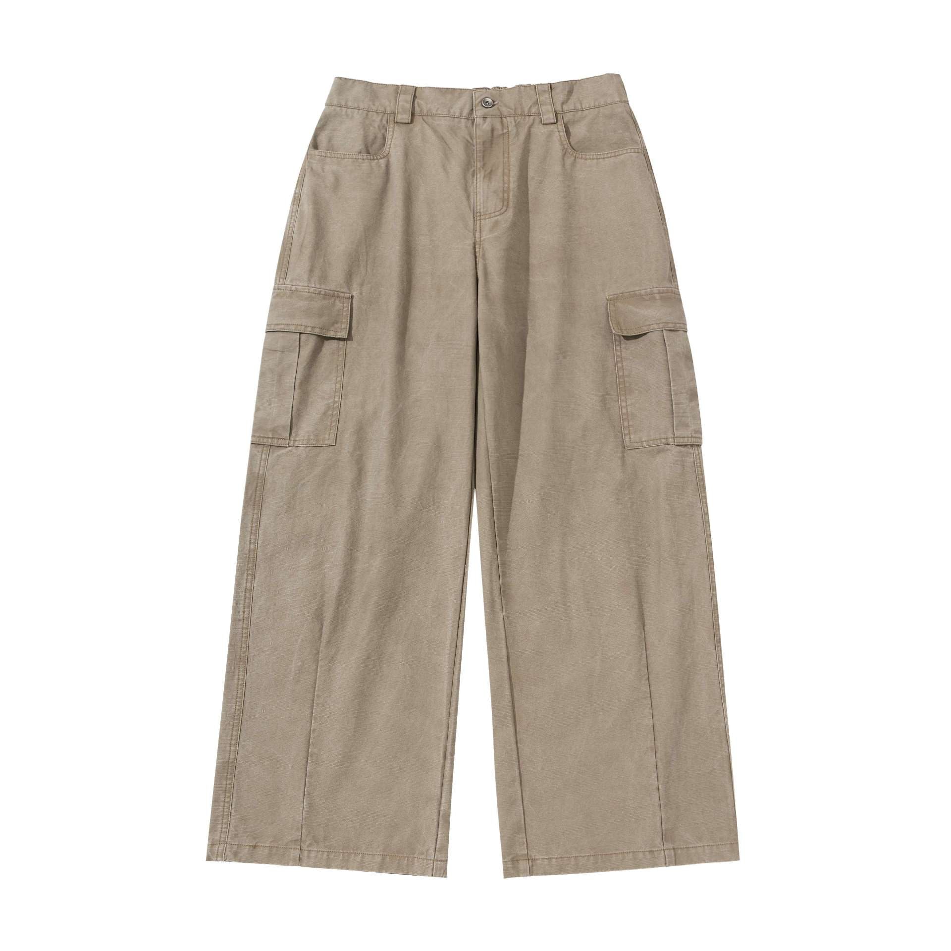 Women's cargo pants with wide leg, high waist, and patch pockets.