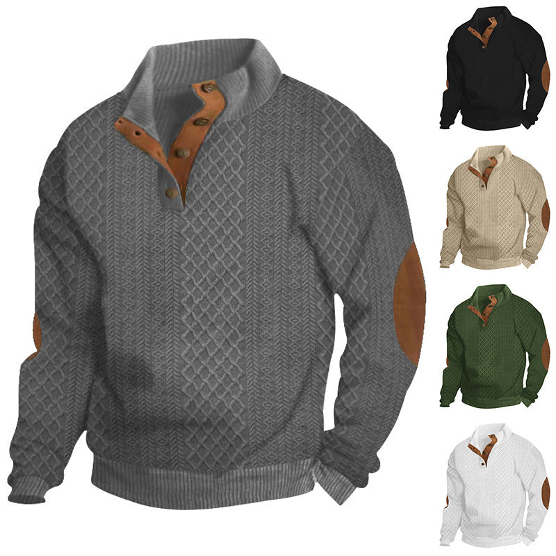 Men's Structured Aran Knit Sweater with Half Button Placket Collar and Leather Elbow Patches Chichicherry