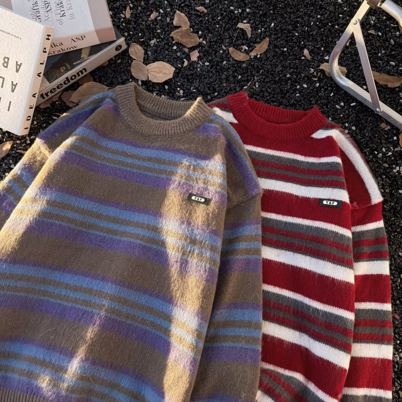 Unisex Gestreifter Oversize-Mohair‑Optik Pullover mit Rundhals und weicher Struktur Chichicherry