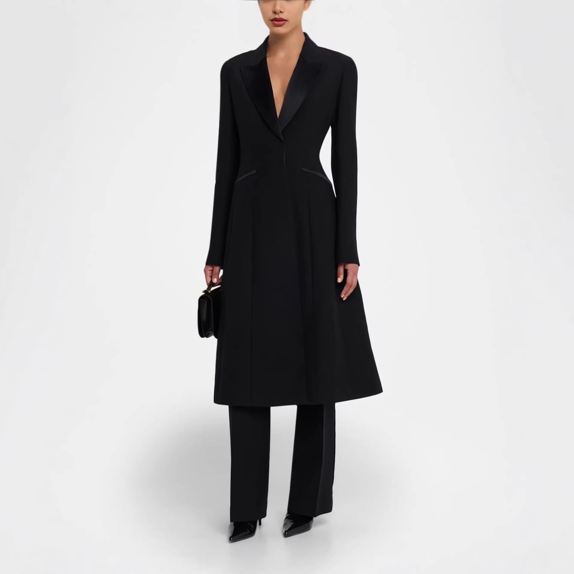 Women Tailored Evening Coat-Blazer with Satin Lapels and Slim Silhouette Chichicherry