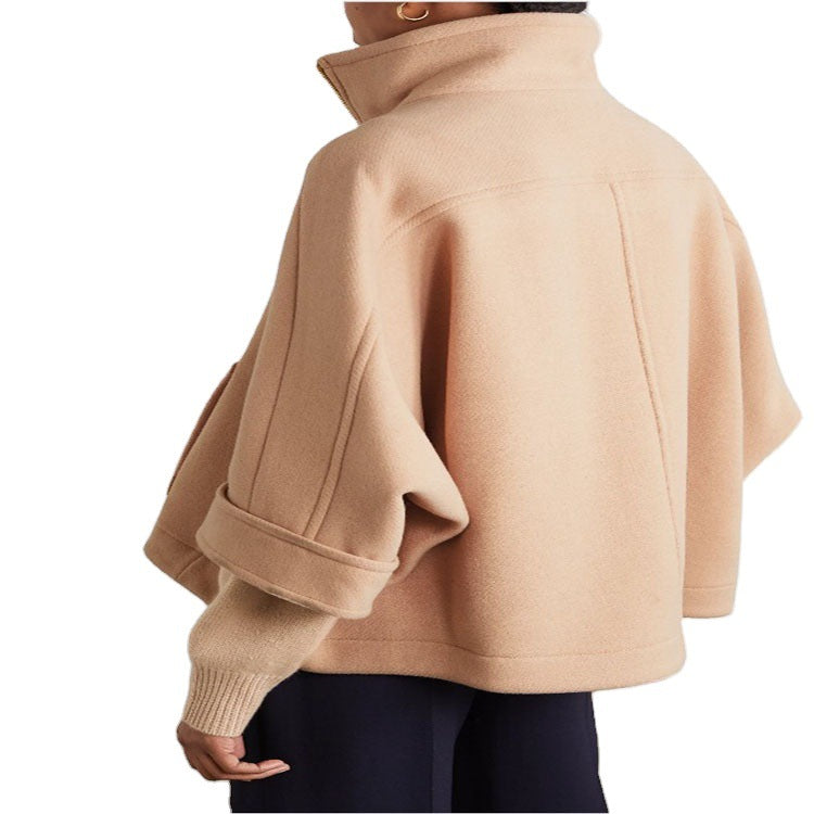 Women's Short Cape Jacket made of Wool Blend with Stand-up Collar and Zipper Chichicherry
