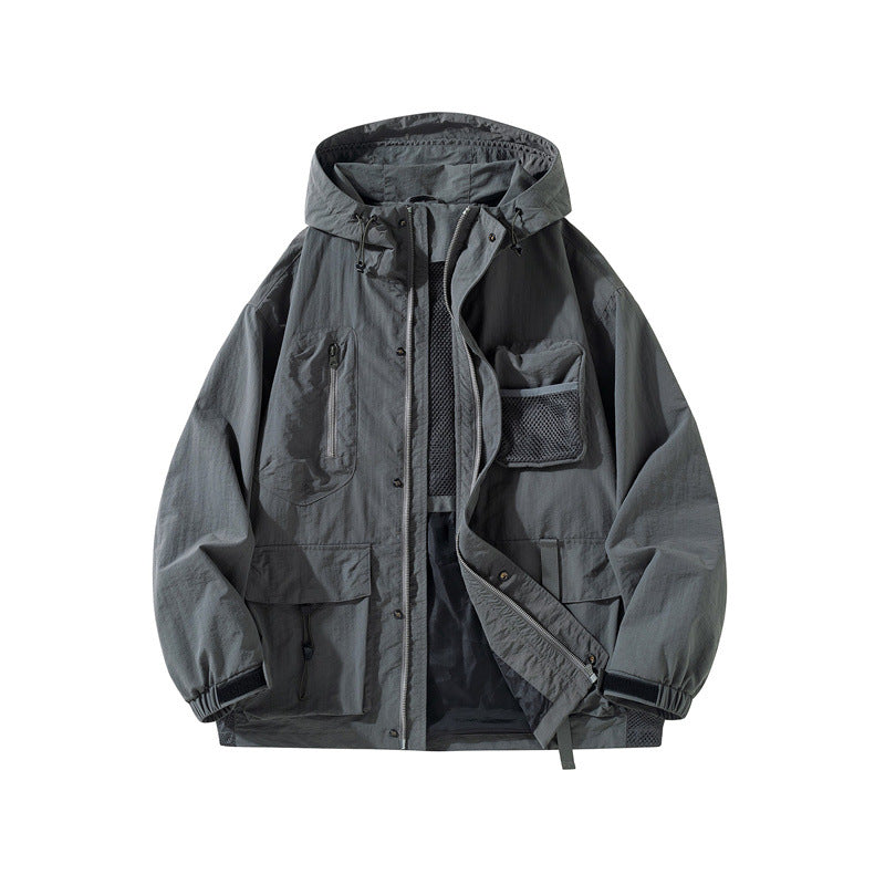 Men's Technical Utility Outdoor Jacket with Hood, Multifunction Pockets and Mesh Lining Chichicherry