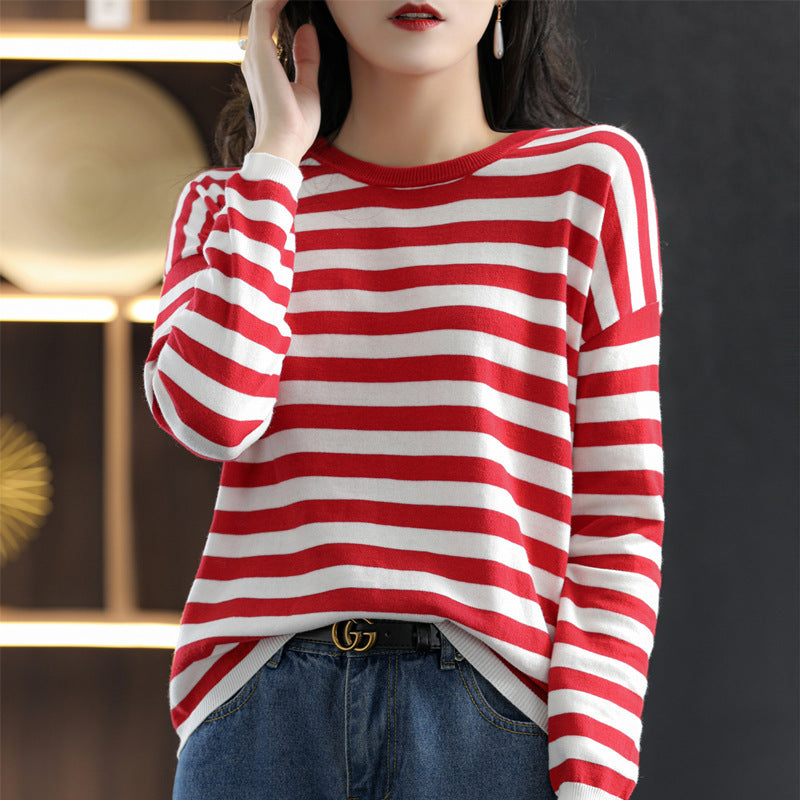 Women’s maritime-inspired striped fine-knit shirt with wide boat neckline and contrast edge Chichicherry