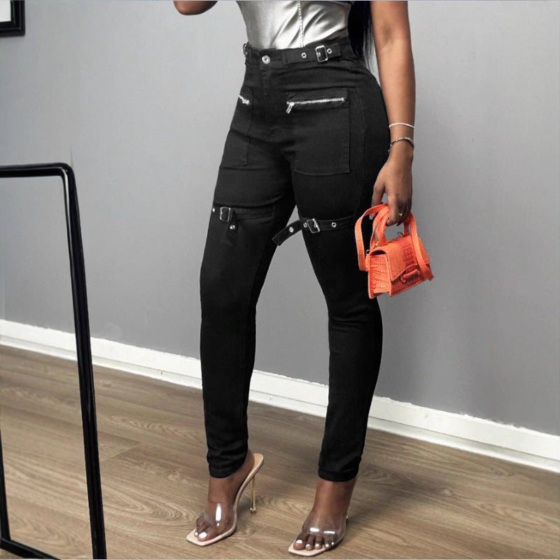 Women High-Waist Skinny Jeans with decorative zippers, patch pockets and belt decor Chichicherry