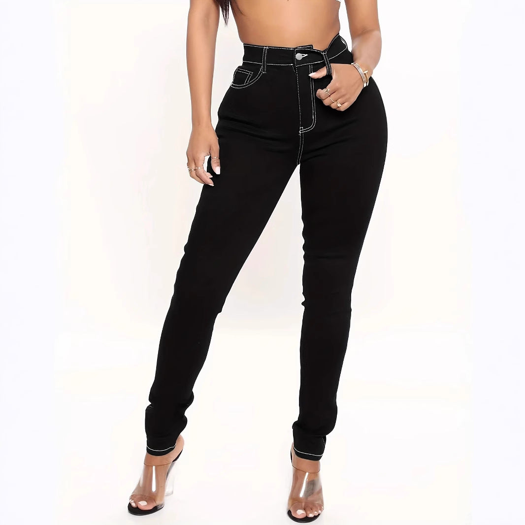 Women's High-Cut Sculpting Skinny Jeans with Contrasted Seam Design and Butterfly Embroidery Chichicherry