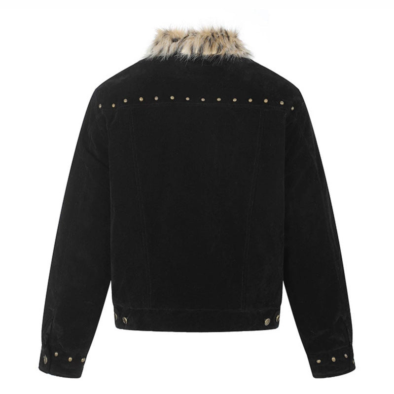 Men's suede trucker jacket with faux fur collar, stud embellishments and snap button closure Chichicherry