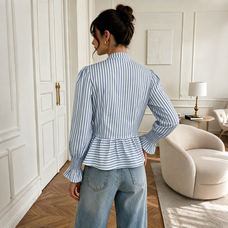 Women Striped Blouse with Stand Collar, Chinese Toggle Closure and Peplum