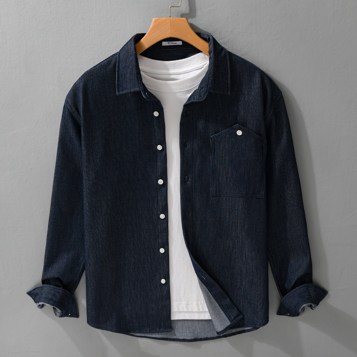 Men's denim overshirt in shirt jacket style with chest pocket and full button placket Chichicherry