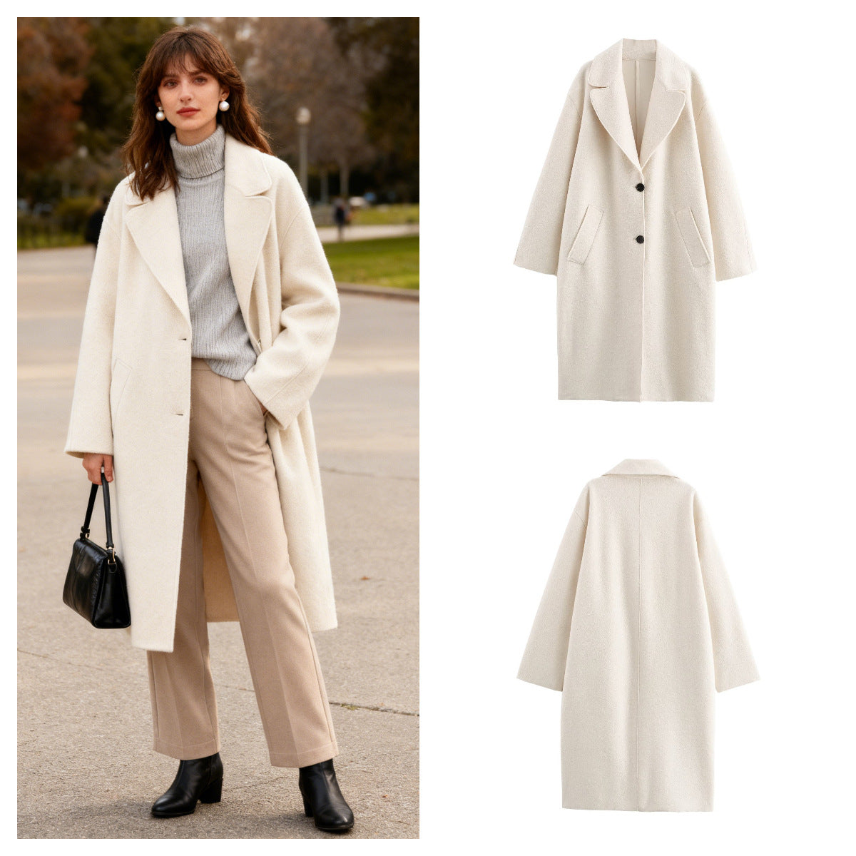 Ladies Oversized Single-breasted Walk Coat with Wide Lapels and Patch Pockets Chichicherry