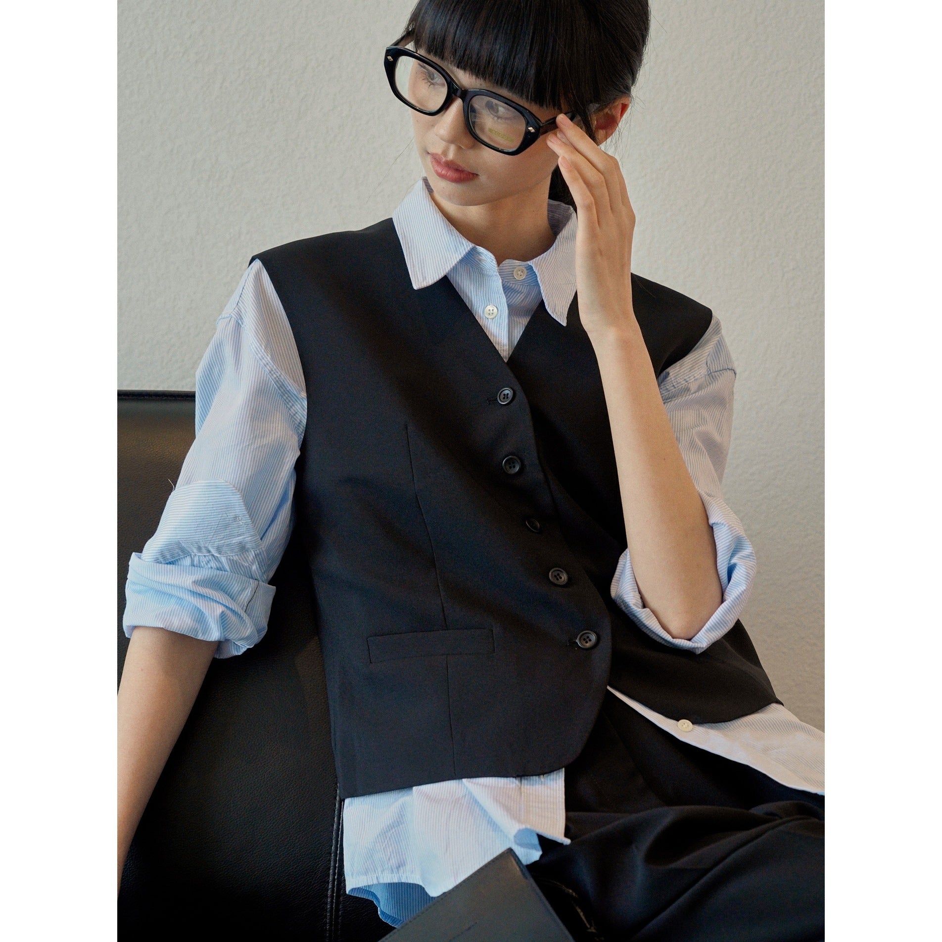 Ladies Tailored Waistcoat-Skirt Set made of Linen Mix with Button Placket and Inset Pockets Chichicherry