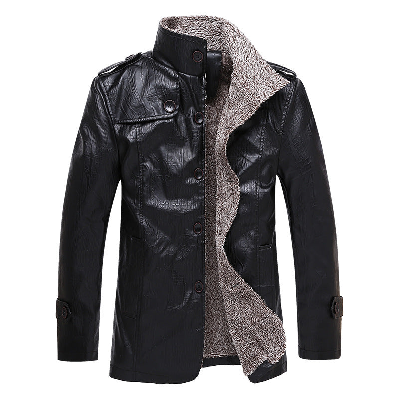 Men's Textured Faux Leather Midlayer Jacket with Teddy Fleece Lining, Stand Collar and Shoulder Patches Chichicherry