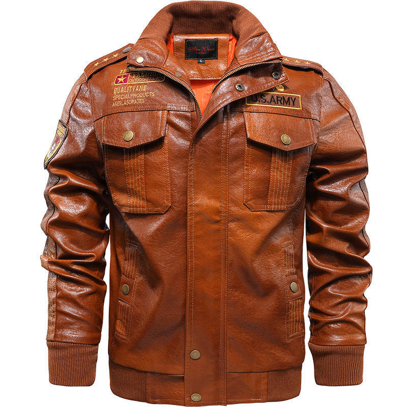 Men's aviator-inspired vintage faux leather bomber jacket with shoulder epaulettes and flap pockets Chichicherry