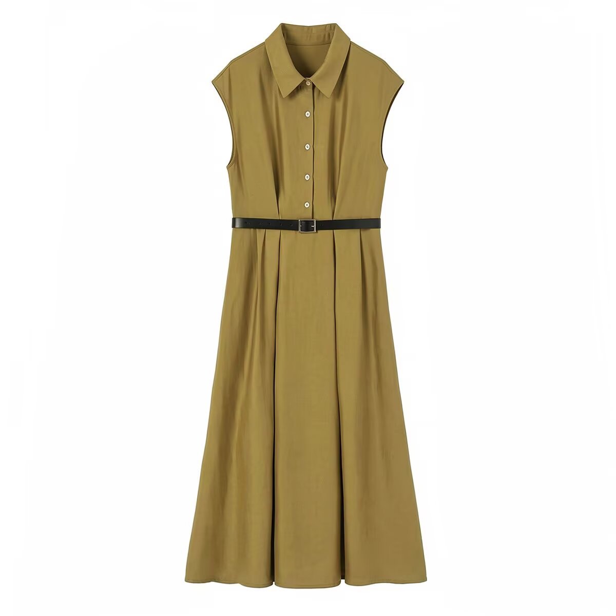 Women Sleeveless Shirt Dress with Waist Pleats and Belt Chichicherry