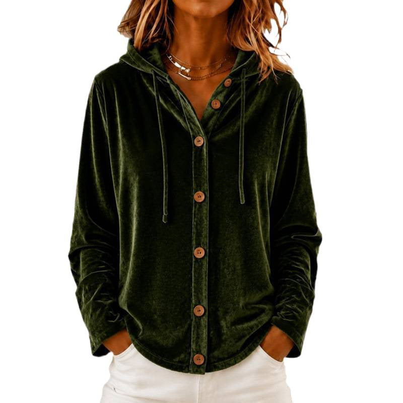 Women's Velvet Shirt Jacket with Hood and Button Placket Chichicherry