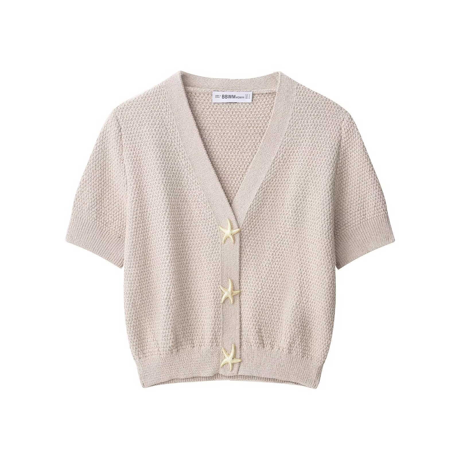 Women's Short-Sleeved Textured Knit Cardigan with V-Neck and Starfish Buttons Chichicherry