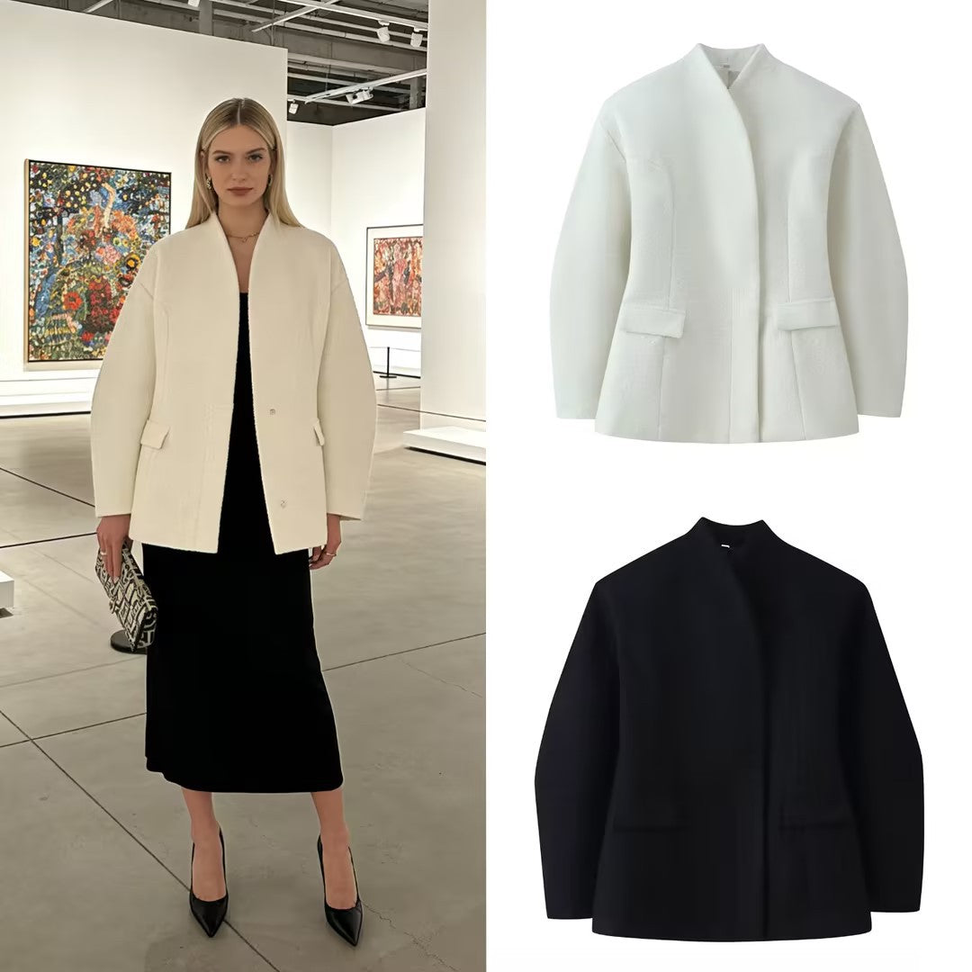 Women's Boucle Short Jacket with Boxy Silhouette, Concealed Button Placket and Flap Pockets Chichicherry