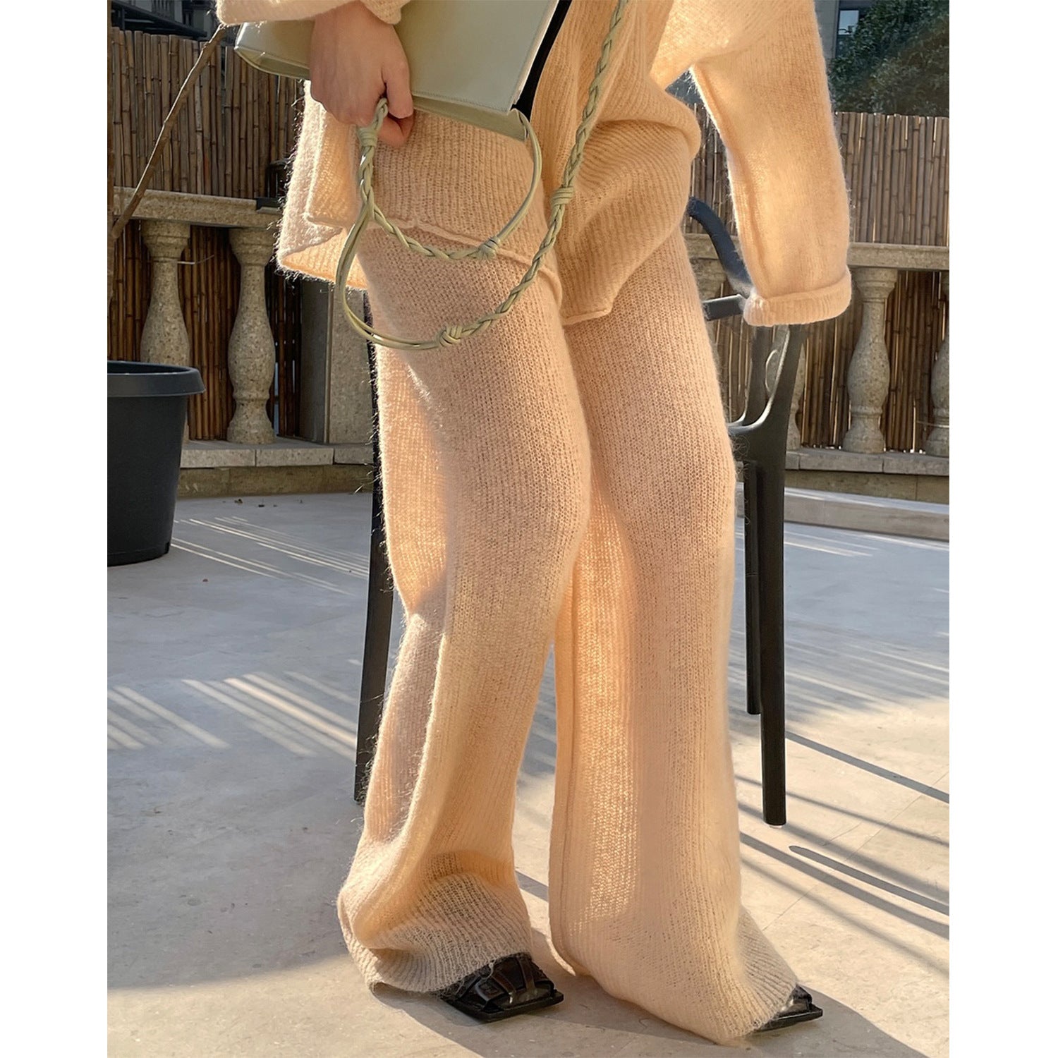 Women Fluffy Palazzo Knit Pants with Wide Leg and Lounge Silhouette Chichicherry