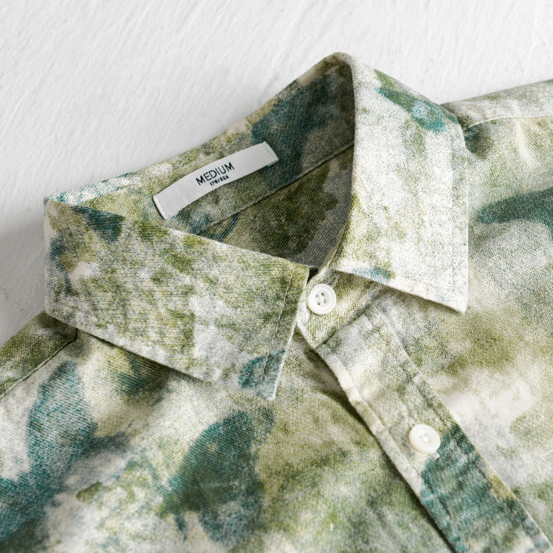 Men's Lightweight Linen Blend Shirt with Watercolor Butterfly Print and Chest Pocket Chichicherry