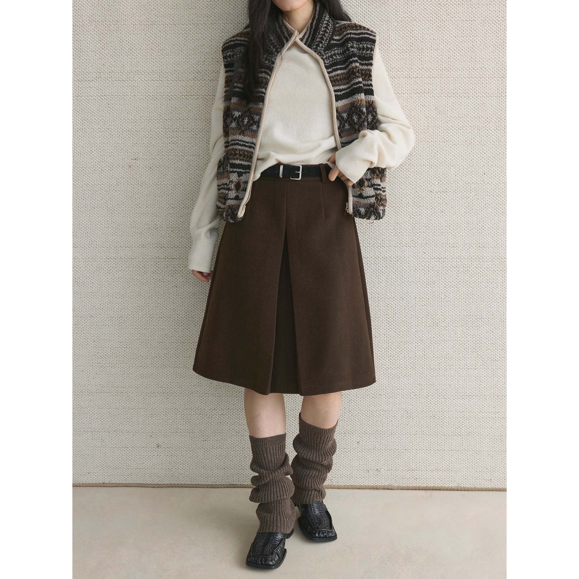 Women's Wool Blend Midi Skirt with Pleats and Tailored Fit Chichicherry