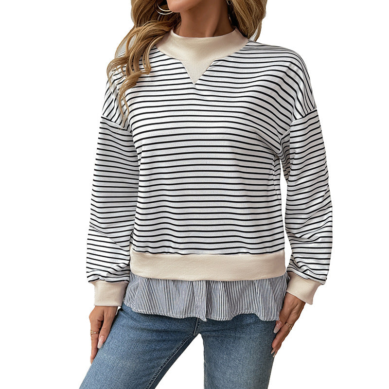 Women's Striped Layering Sweatshirt with Chiffon Insert and Contrasting Stand Collar Chichicherry