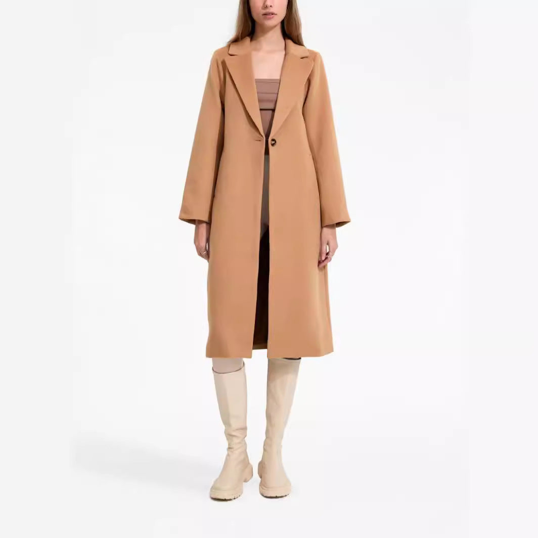 Women's Mid-Length Single-Breasted Wool Blend Coat with Minimalist Shawl Collar Chichicherry